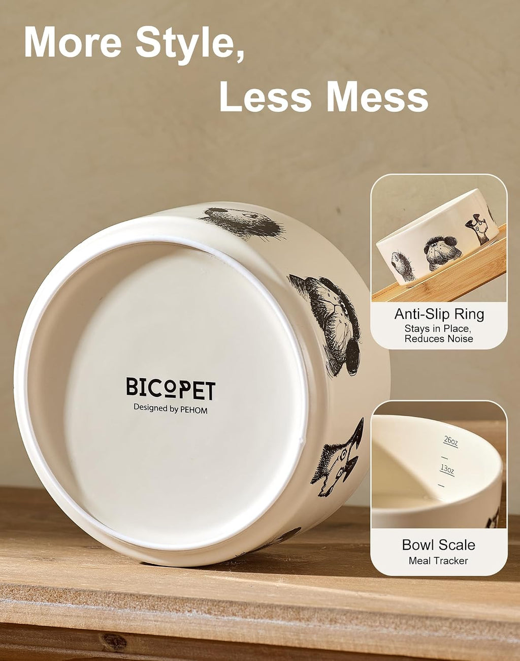 Ceramic Dog Bowl for Medium Large Dogs, 6.5 Cups, Single Bowl | Heavy Non-Slip Stoneware Pet Feeding Bowl, Microwave & Dishwasher Safe, Cute Hand-Drawn Design