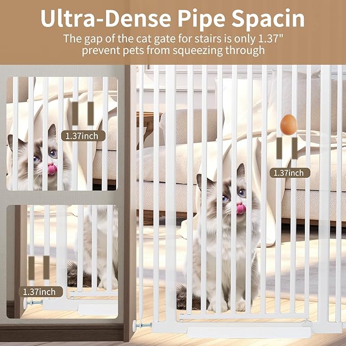 59“ Extra Tall Cat Gate for Doorway：29.4-33.4” Wide Pet Gate, Auto Close/One Handed Open, 1.34” Extra Small Gap, No Drill Pressure Mount Tall Cat Gate for Interior Stairs/Kitchens/Hallways (White)