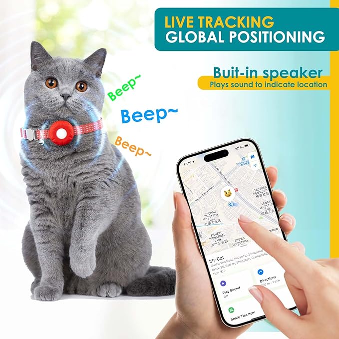 Smart Cat GPS Tracker, Cat GPS Tracker Compatible with Apple Find My App (Only iOS), No Monthly Fee, Waterproof (White Tracker, Red Cat Collar)