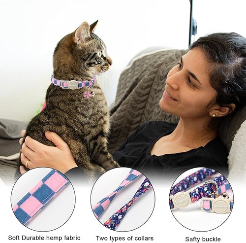 2 Pack Flower Cat Collars Breakaway with Bell, DOGWONG Safety Buckle Blue Plaid Cute Cat Collar for Girl Boy Cats，Adjustable 7-12 Inch