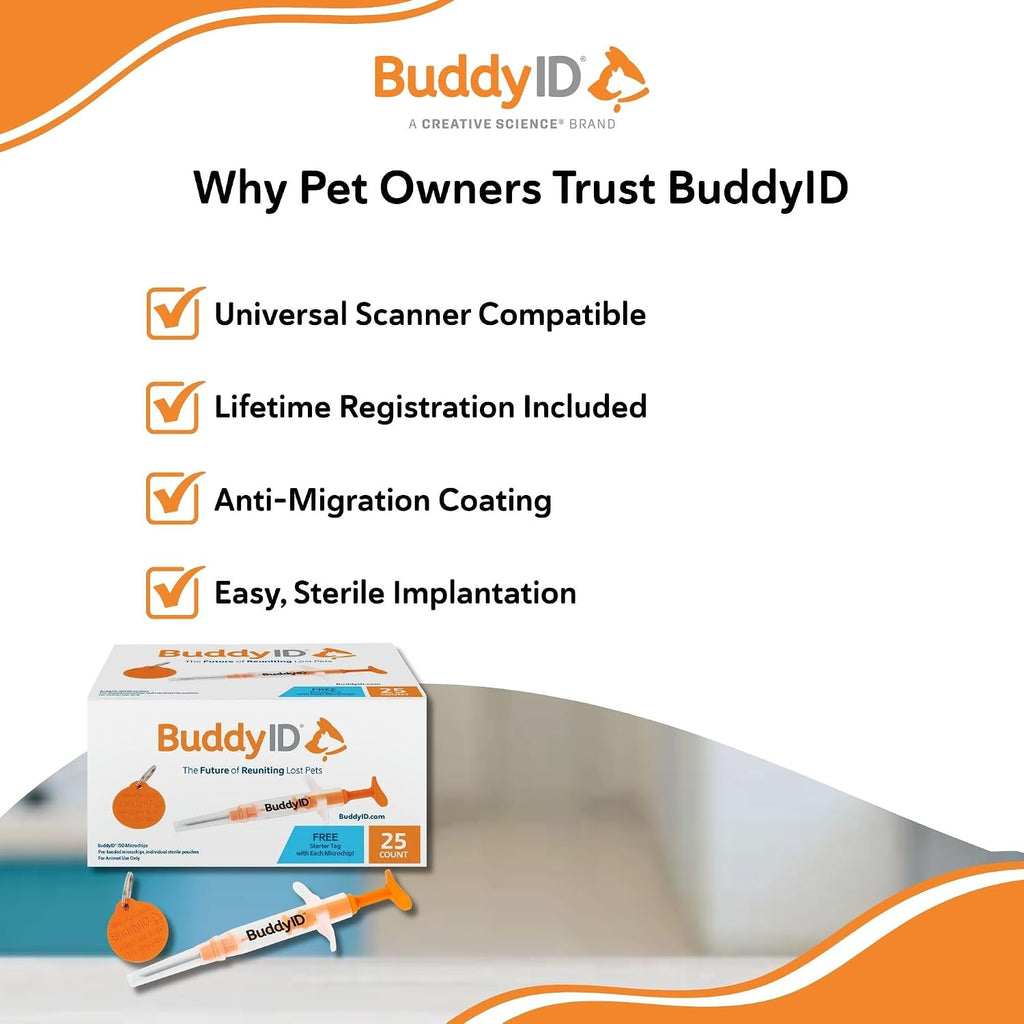 BuddyID ISO Pet Mini Microchip with Pre-Paid Lifetime Registration and Starter Tag, Universally Scannable, Sterile Syringe, Anti-Migration Coating, Parylene Sealer, for Dogs, Cats, Animals, 25-Count