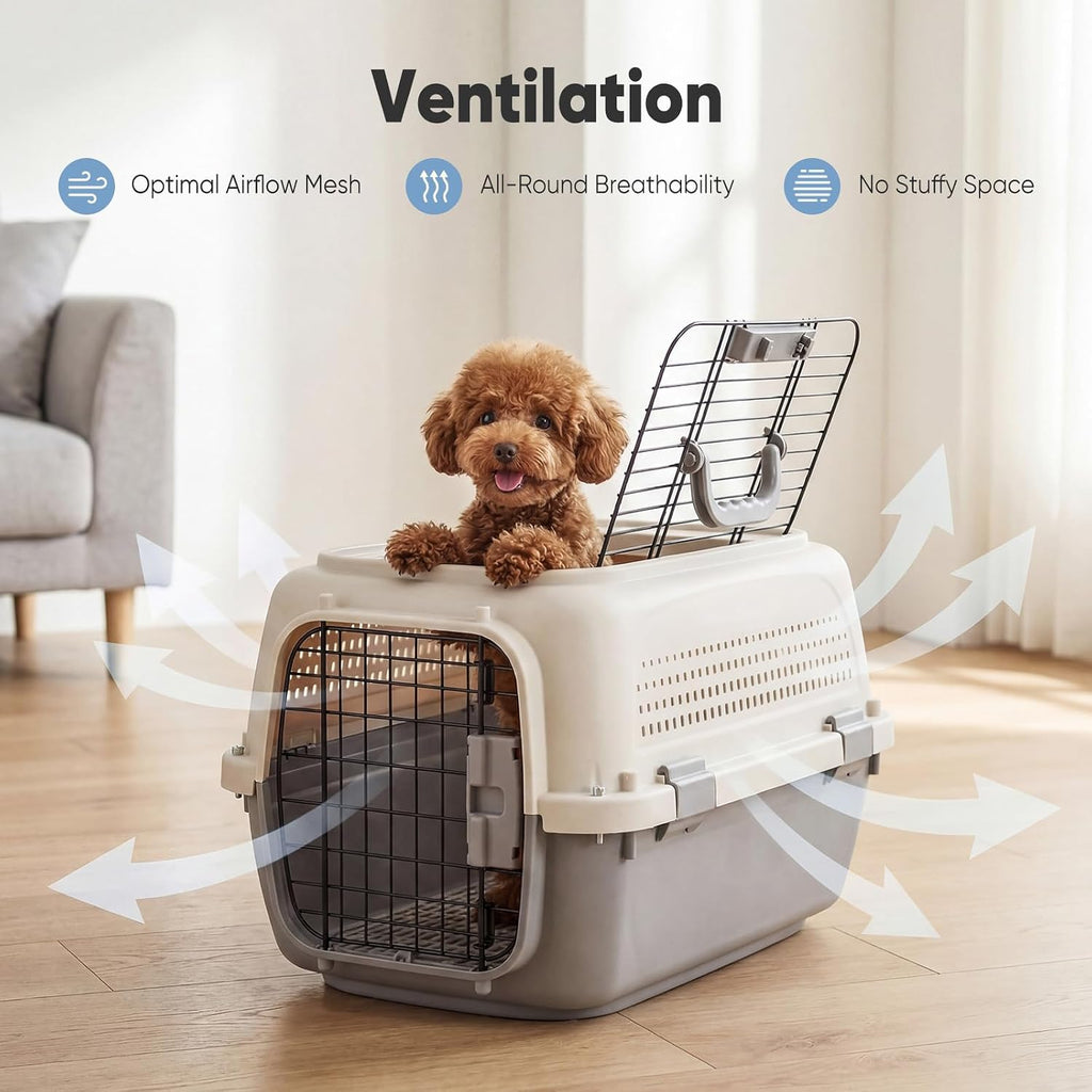 DUMOS 23" Hard-Sided Pet Carrier for Small Pets, 2 Door Cat Carrier, Beige | Airline Approved Dog Crate, Enhanced Security Latches, Front & Top Load Wire Door, Food Bowl for Traveling, Hiking, Camping