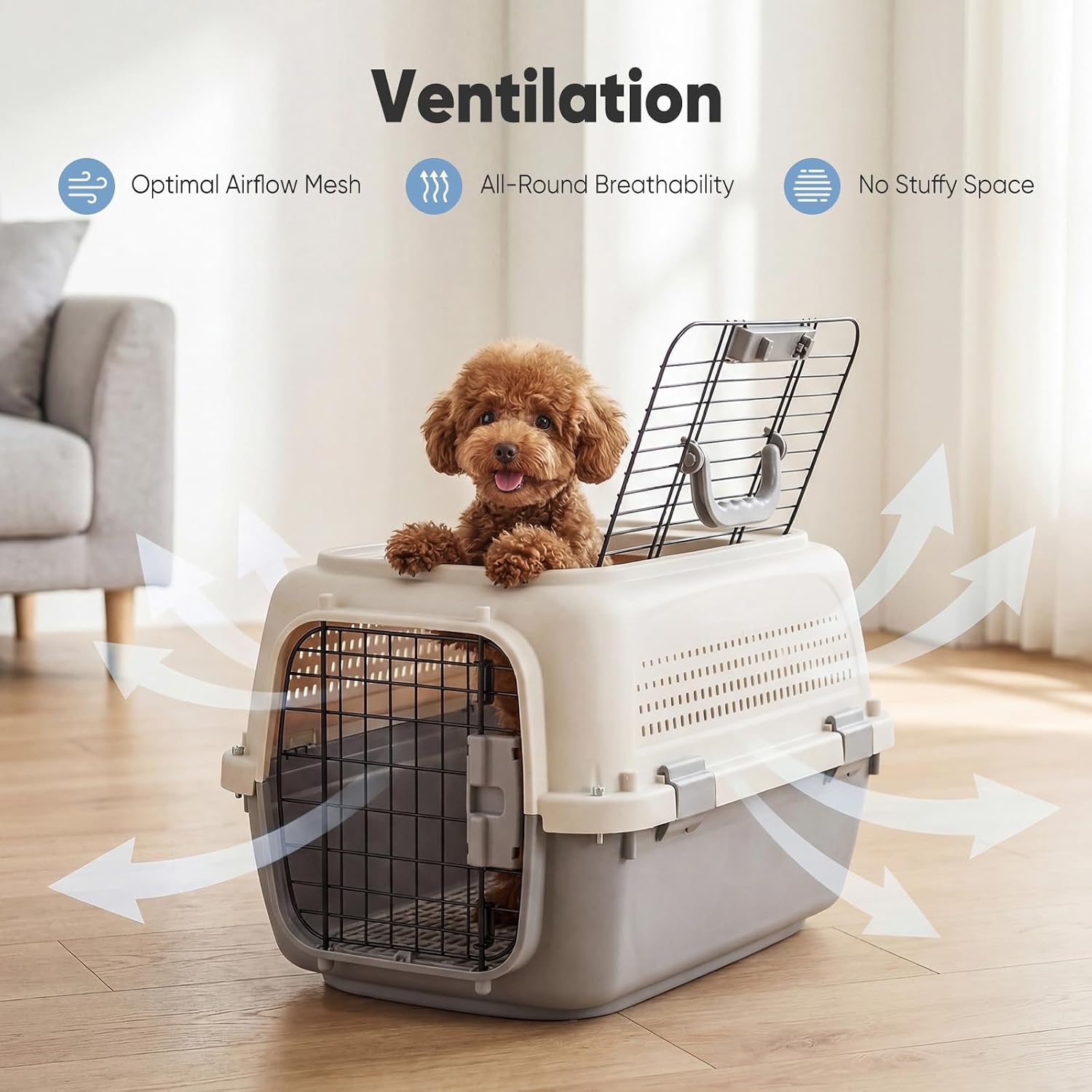 DUMOS 23" Hard-Sided Pet Carrier for Small Pets, 2 Door Cat Carrier, Beige | Airline Approved Dog Crate, Enhanced Security Latches, Front & Top Load Wire Door, Food Bowl for Traveling, Hiking, Camping