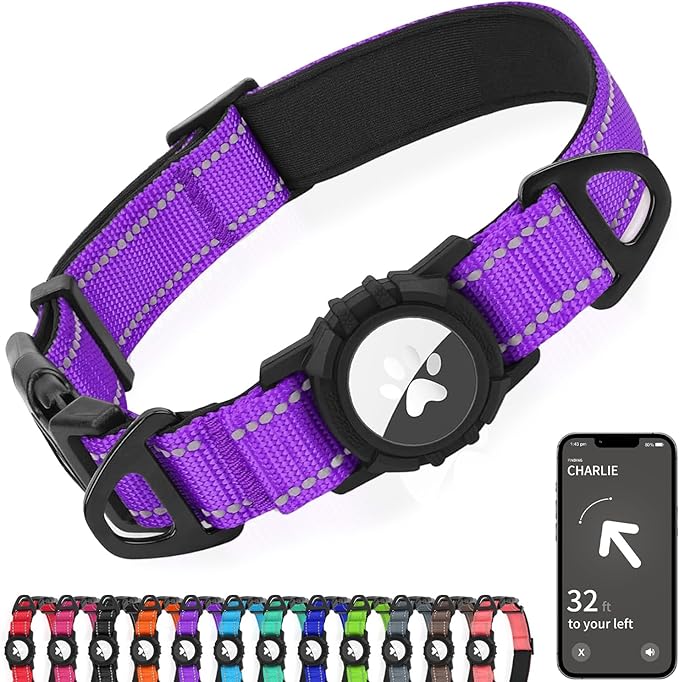 Joytale Airtag Dog Collar, Reflective Pet Collar with Waterproof AirTag Holder, Dual D-Rings, Soft Padded Adjustable for Extra Small and Puppy Dogs, Purple, XS