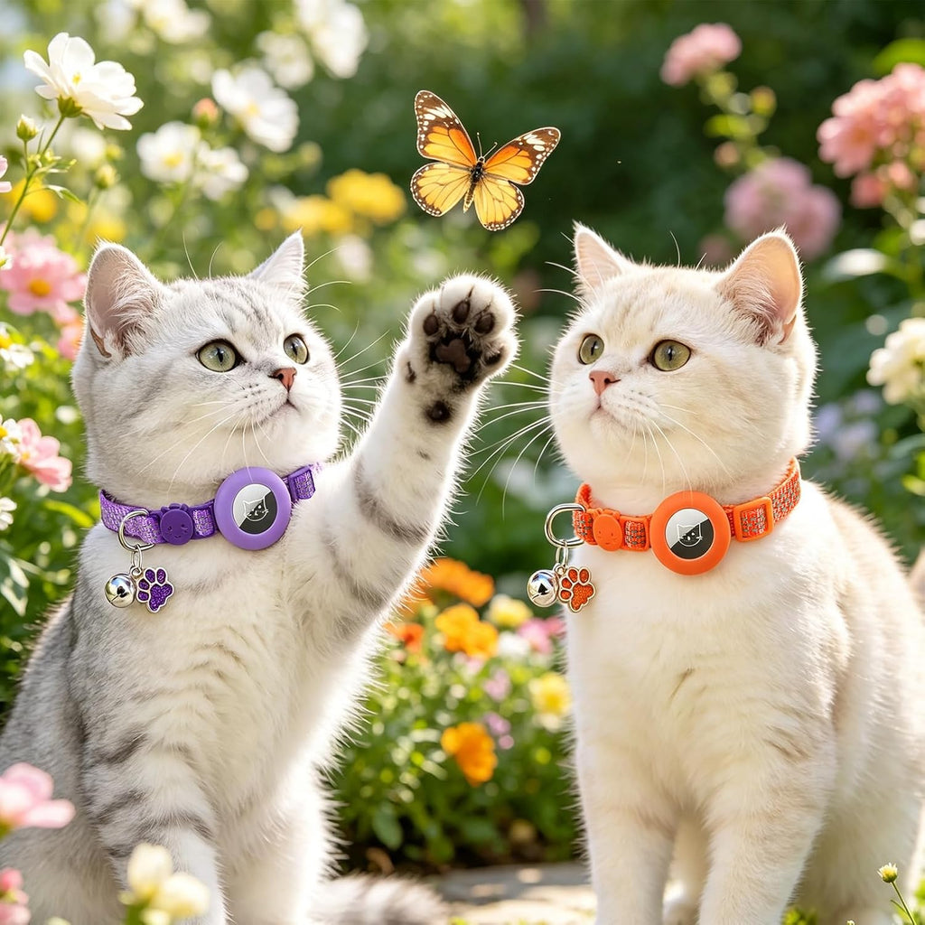 PUPTECK AirTag Cat Collar Breakaway with Bells, Adjustable Kitten Collar | Outfit for Girl Boy Small Pet Puppy Bunny, Cute Costume Accessory with Safety Release Buckle, (Airtag-Orange&Purple)