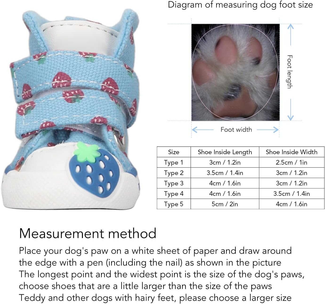 TITA-DONG Small Dog Shoes, Breathable Dog Boots for Summer Hot Pavement, Cute Strawberry Comfortable Slip Resistant Canvas Puppy Boots Paw Protectors for Small Medium Large Dogs Blue(Type 2)