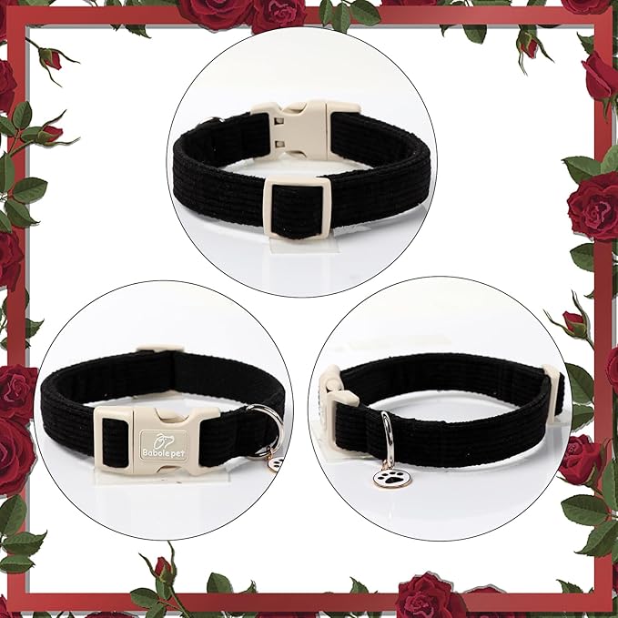 Cute Corduroy Dog Collar - Black Adjustable Dog Collars for X-Small Dogs 4-10lbs, Fade-Proof with Secure Snap & Little Charm, Christmas Birthday Gift, XS