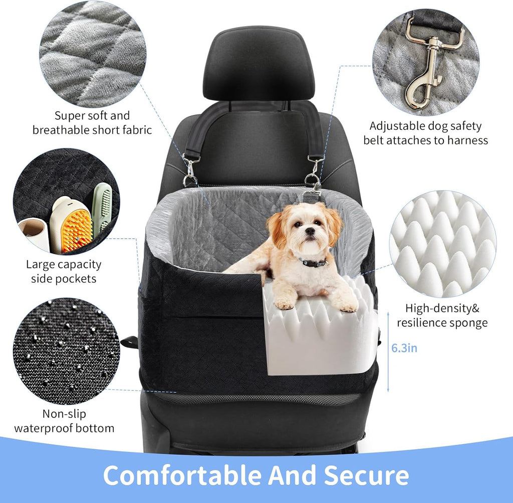 Car Dog Bed - Memory Foam Puppy Car Booster Seat with Safety Leash, Washable, Medium/Small Dogs