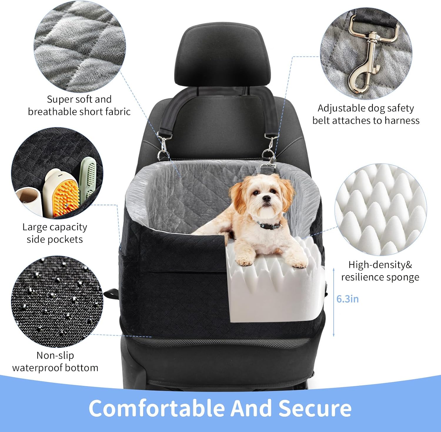 Car Dog Bed - Memory Foam Puppy Car Booster Seat with Safety Leash, Washable, Medium/Small Dogs