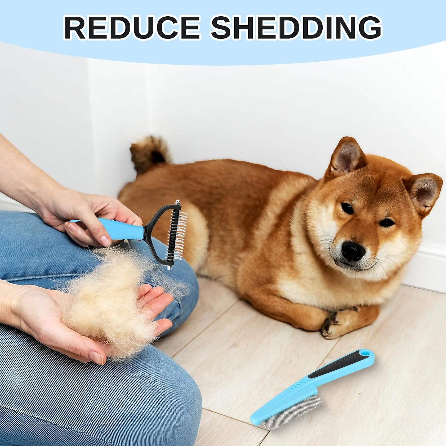 Pet Grooming Combo and Flea Comb, Flea and Tick Combs for Dogs and Cats, Deshedding Brush with Metal Comb for Detangling and Dematting Long, Matted Fur on Cats and Dogs(2pcs)