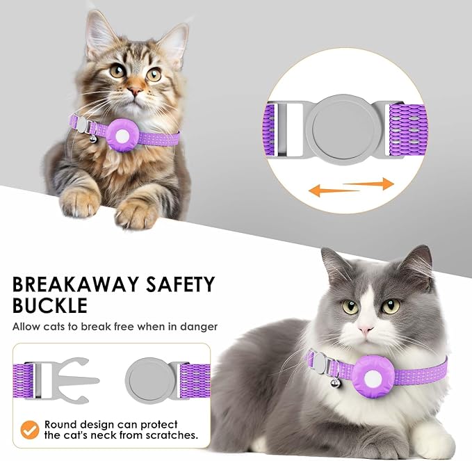 Smart Cat GPS Tracker, Cat Tracker Compatible with Apple Find My App (Only iOS), No Monthly Fee, Waterproof (White Tracker, Purple Cat Collar)