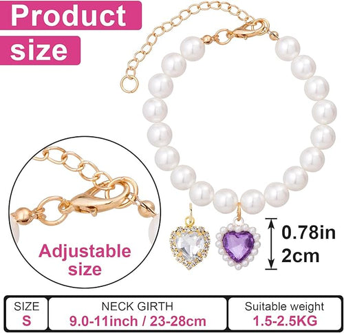 2pcs Cat Pearl Collar with Heart Pendant, Cute Pearl Pet Necklace in Small, Adjustable Wedding Party Small Dog Jewelry Accessories for Puppy Kitten- White & Purple