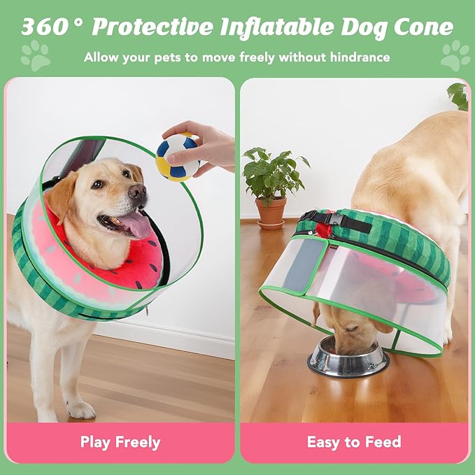 Inflatable Dog Cone with Anti-Licking Clear Shield, Protective Dog Donut Collar After Surgery, Adjustable Soft Recovery Cone for Pets, Alternative Collar with Buckle Strap (Watermelon, XL)