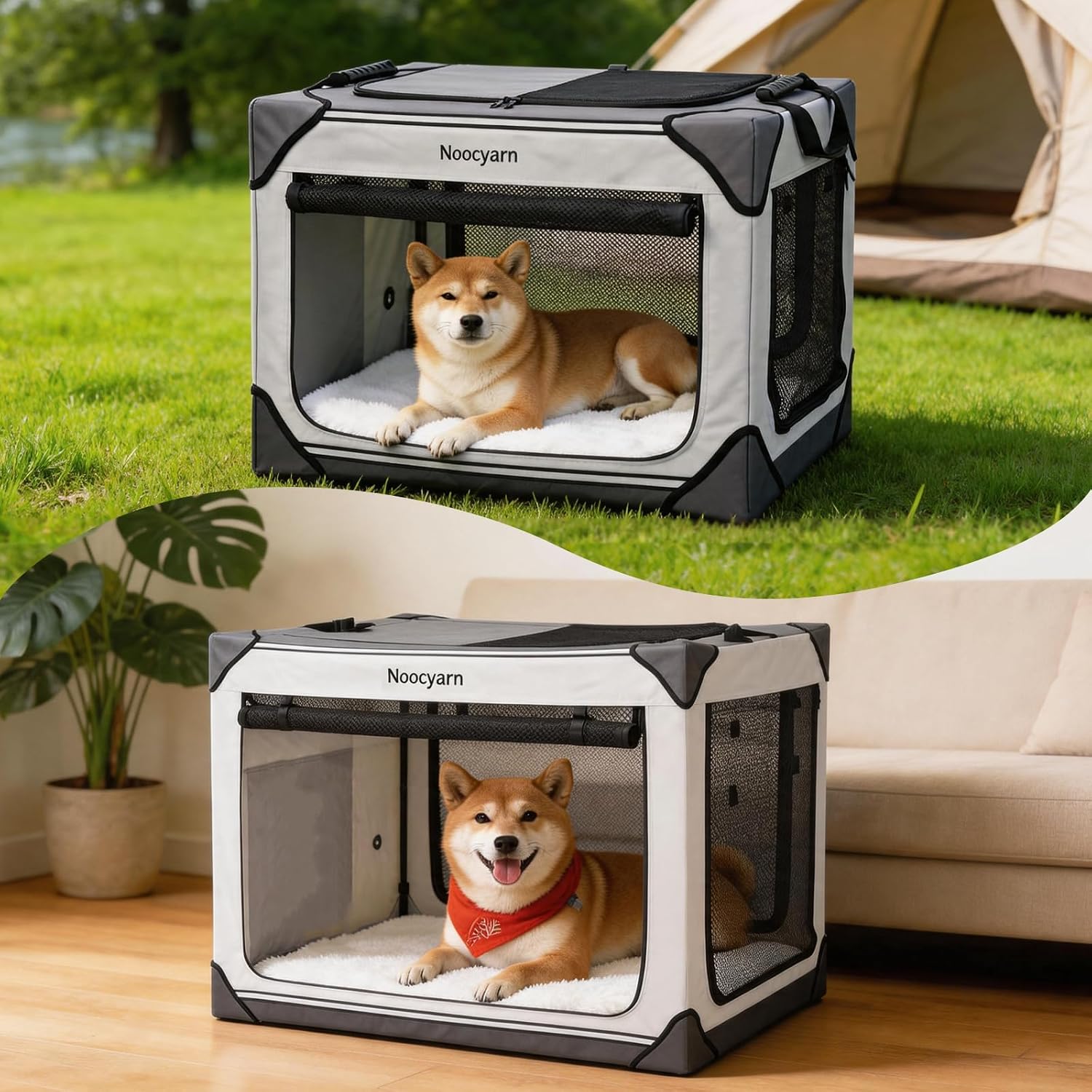 Collapsible Soft Dog Crate 36 Inch, Portable Travel Pet Crate for Large Dogs with 4-Door Mesh, Large Dog Kennel Indoor & Outdoor, Light Grey