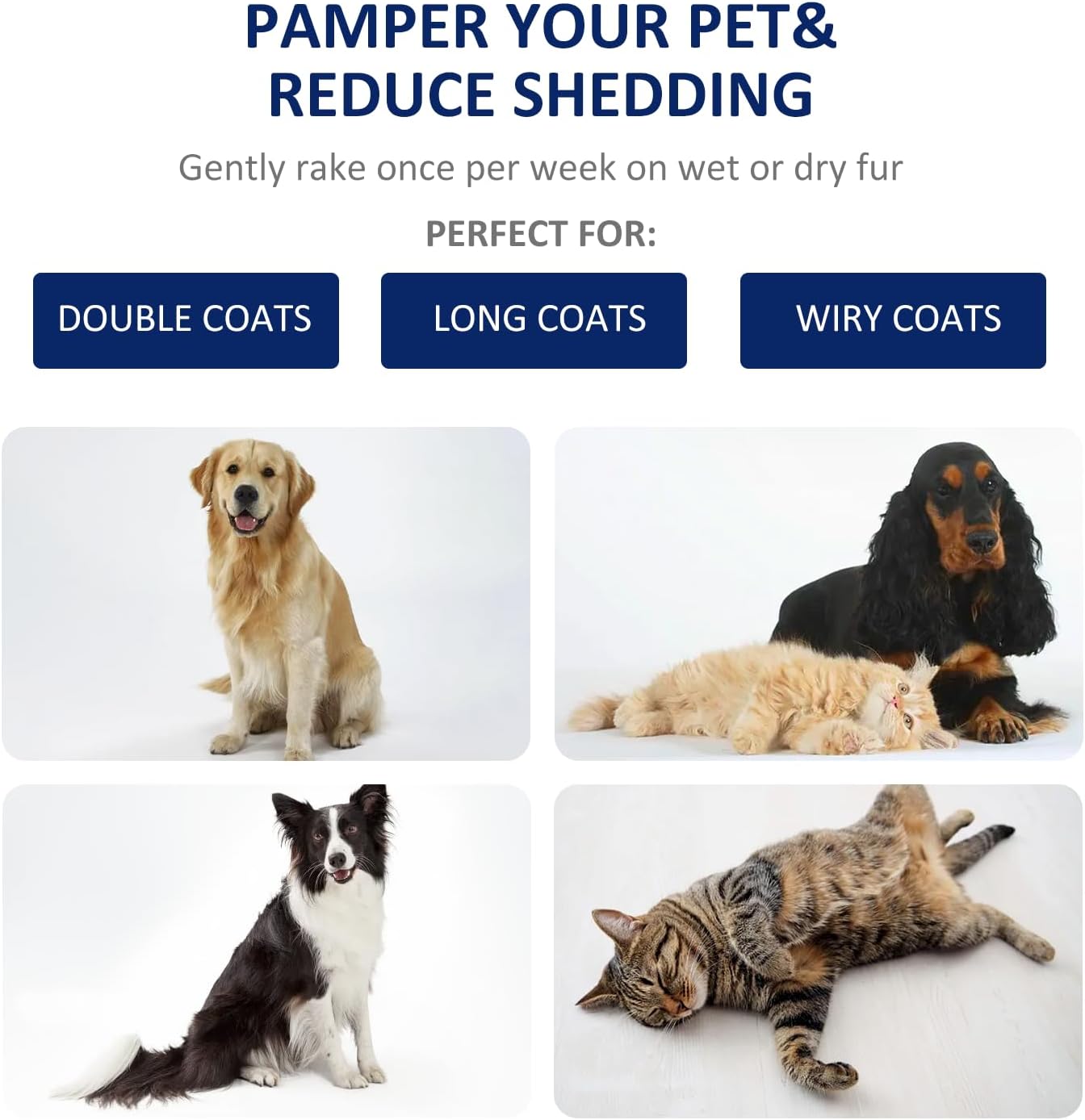 Grooming Rake for Dogs & Cats, Double-Sided Deshedding Brush, Extra-Wide Dematting Tool, Slicker Comb for Undercoat & Loose Hair Removal, Reduces Shedding by 95%, Blue, Small