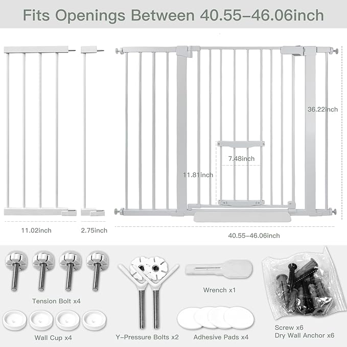 37 Inch Tall Baby Gate with Small Cat Door, Adjustable 29.55" and 46.06", Auto Close Safety Child Gate for Stairs, Doorway, House, Pressure Mounted