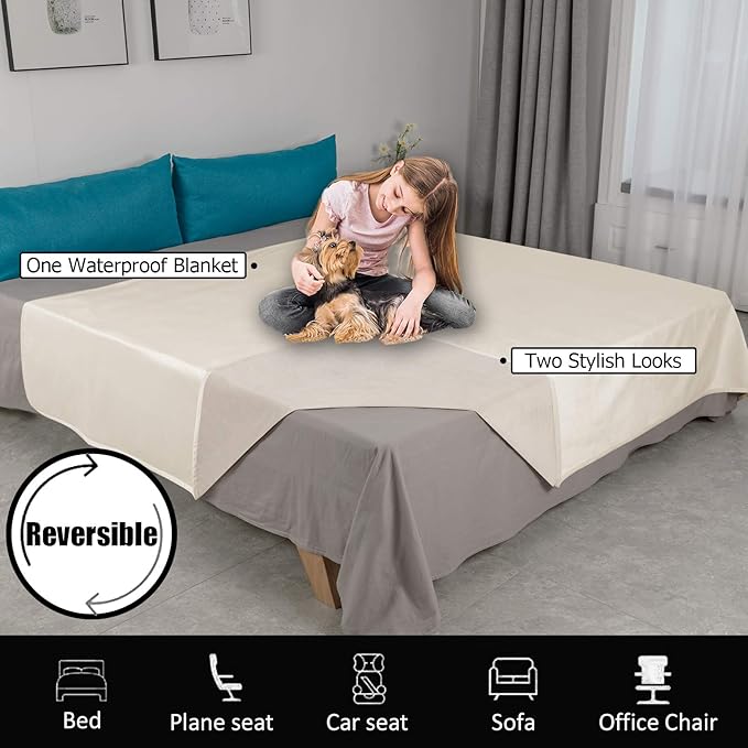 Ameritex Pet Bed Blanket Reversible 100% Waterproof Velvet Super Soft for Sofa and Bed (52x82 Inches, Cream+Beige)