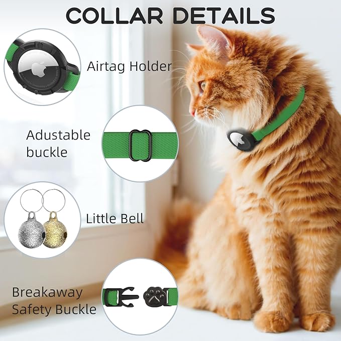 AirTag Cat Collars, Stretchy Collar with Apple AirTag Holder and Bell, Breakaway Ultra Design Elastic GPS Tracking Collars for Cats and Puppies, (7.5-12.5 Inch), Emerald Green