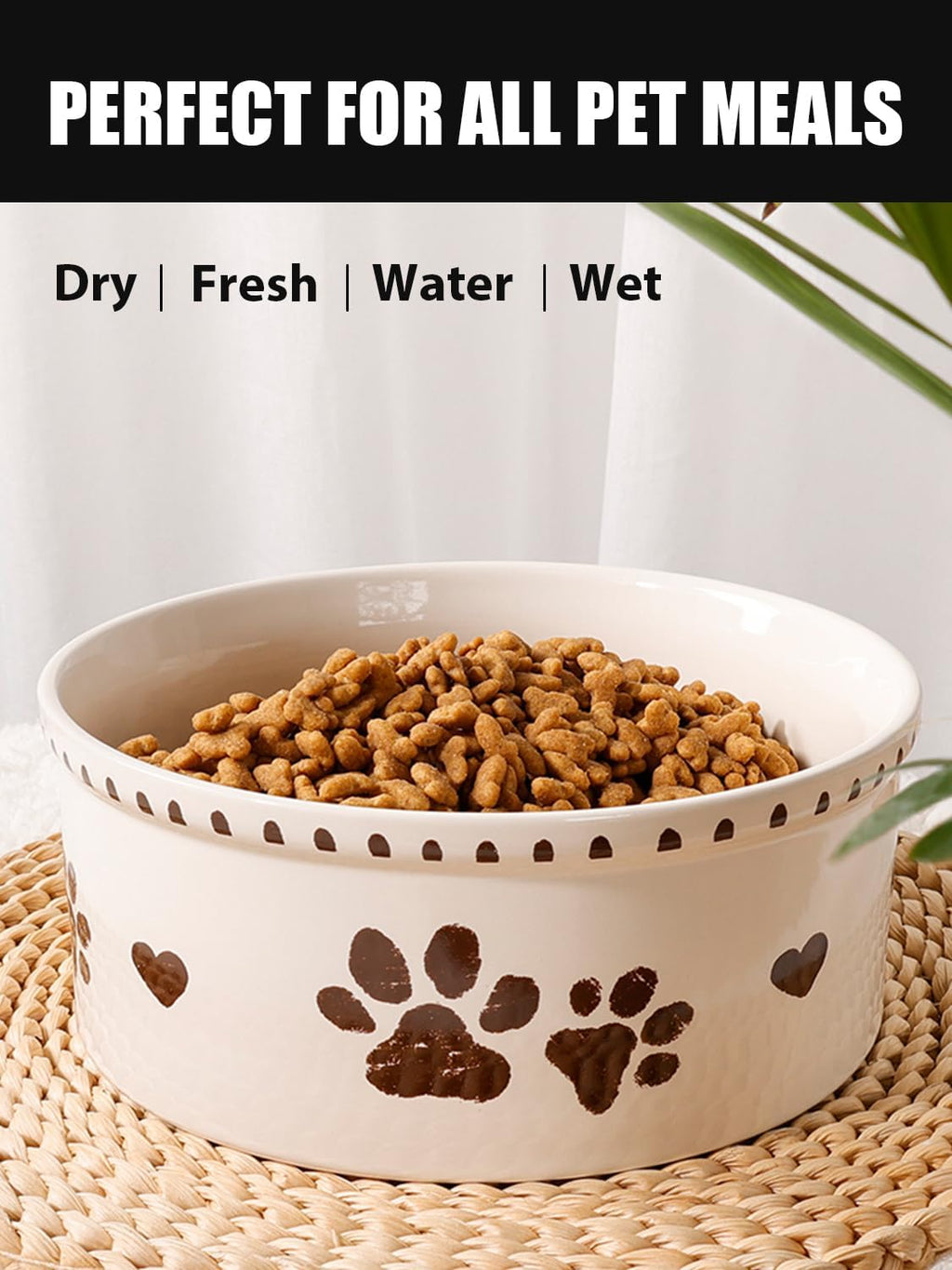 Ceramic Dog Bowl 55oz Heavy Duty Pet Food and Water Bowl for Medium Large Dogs Non Slip Weighted Dog Dish with Paw Print and Heart Design Easy to Clean
