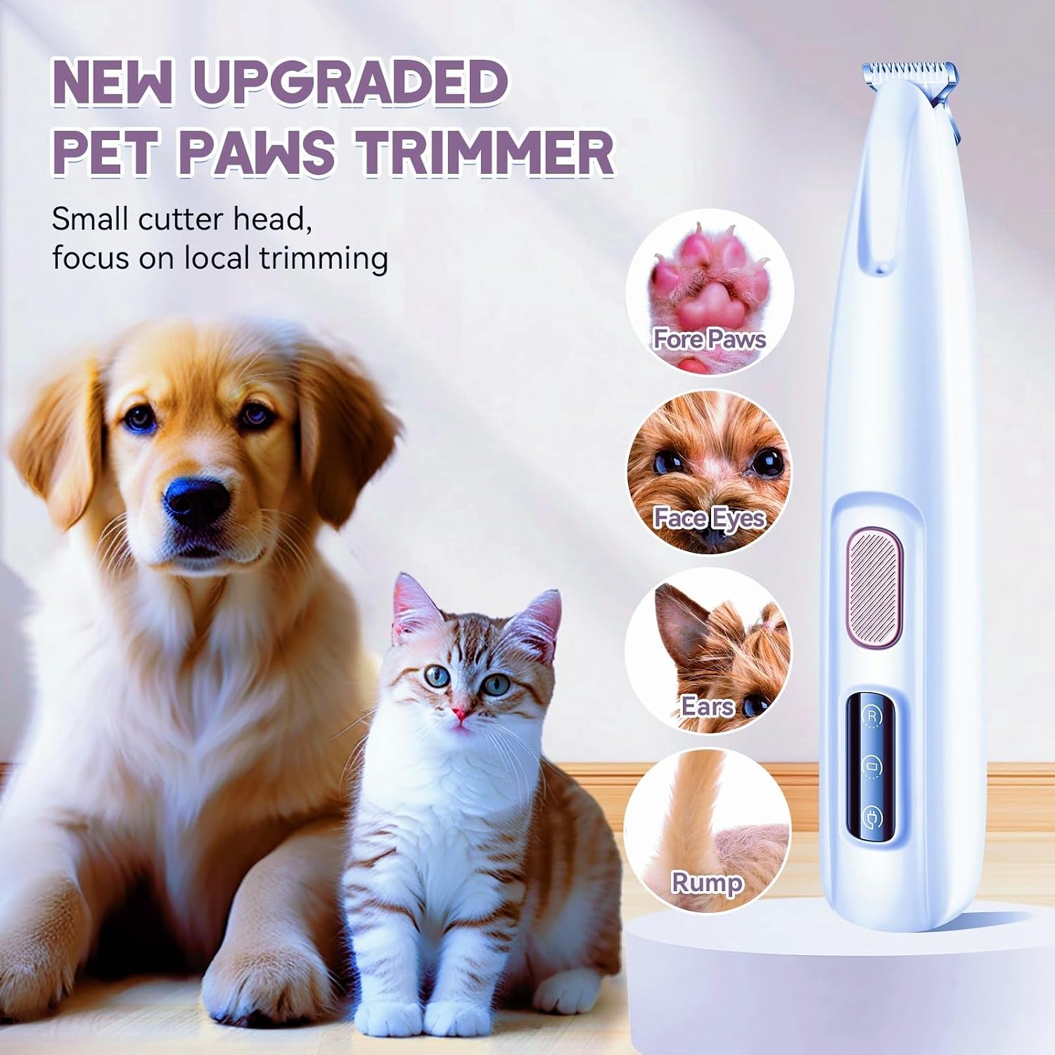 Dogs Cats Rabbits Paw Trimmer with LED Light Pets Use (White) | Electric Pets Clippers Rechargeable, Grooming Shaver for Dog Cat Rabbit Eyes Face Ears Feet Rump Hair, Waterproof, Cordless