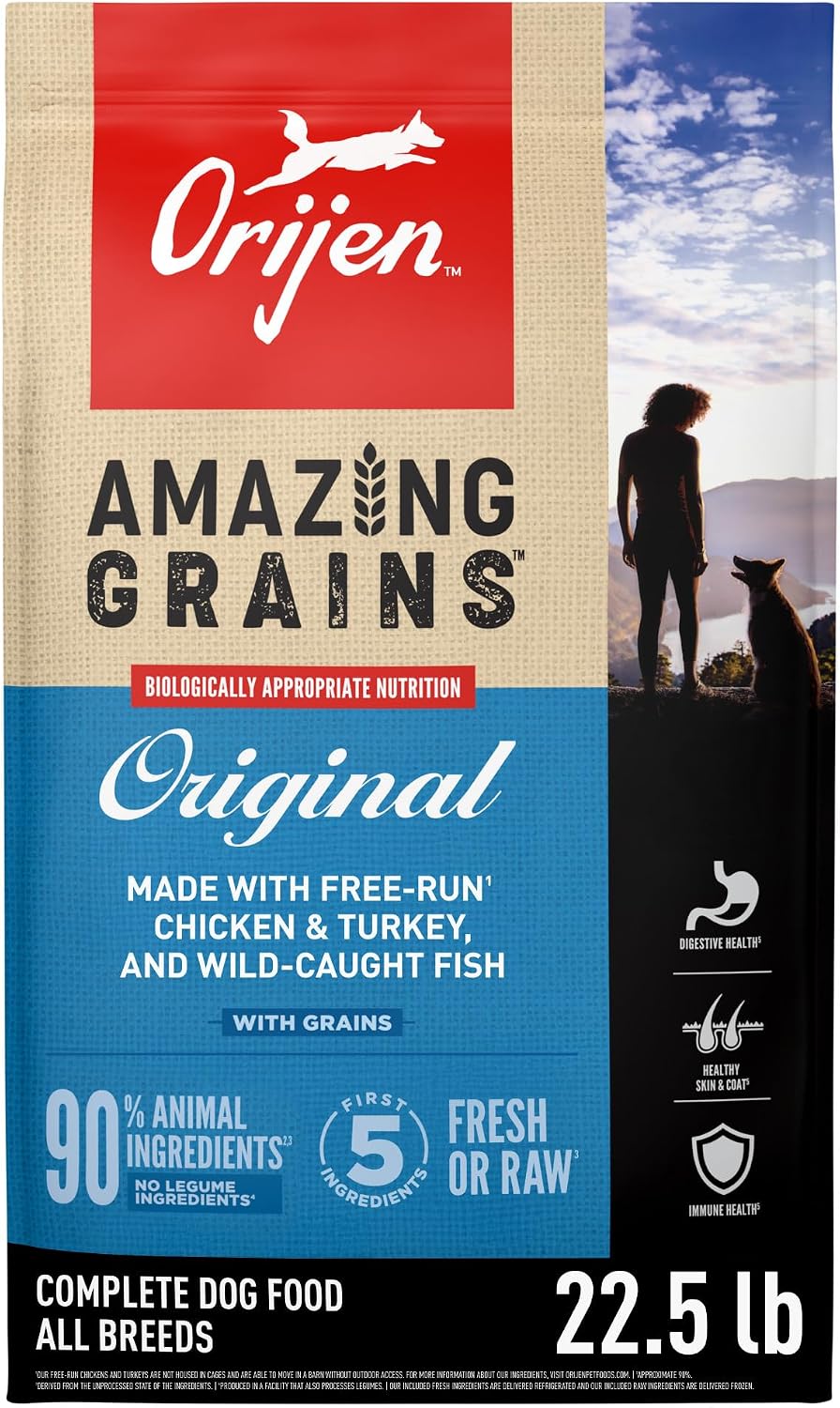 ORIJEN Amazing Grains WHOLEPREY Dry Dog Food Original Recipe 22.5lb. Bag | 90% Animal Ingredients, Freeze Dried, Fresh or Raw Ingredients, Non-GMO Ingredients, High Protein, Skin & Coat