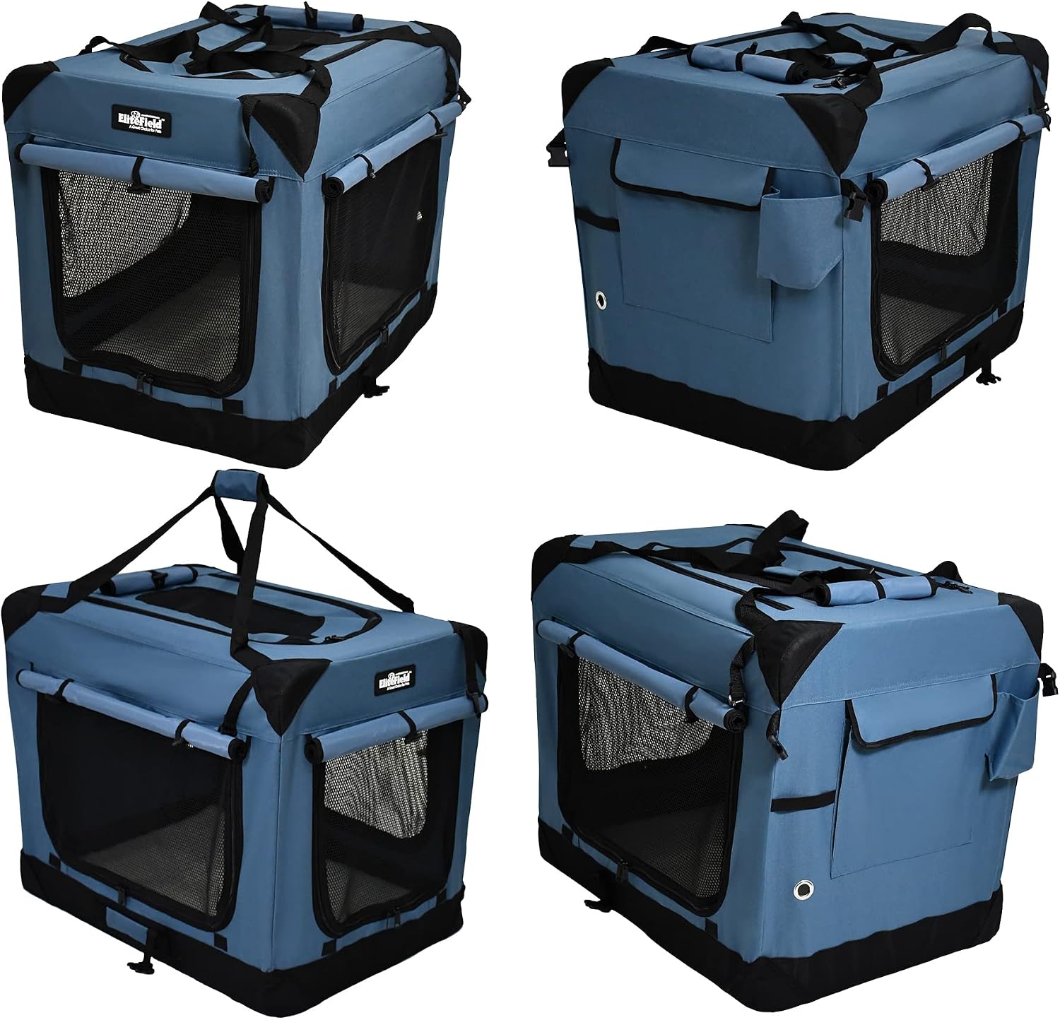 EliteField 4-Door Folding Soft Dog Crate with Curtains (2-Year Warranty) | 4 Mesh Doors, Steel Frame, Removable & Washable Crate and Bed Covers, Storage Pockets, Indoor/Outdoor, Foldable, Carrying Bag