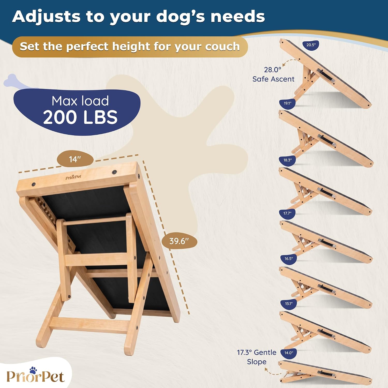 Dog Ramp for Couch – Non-Slip, Sturdy Build Foldable Wooden Dog Ramp – Supports up to 200 lbs – 7 Adjustable Heights (14"–20.5") – Enhanced Stability – Birchwood Pet Ramp for Small Dogs – Natural