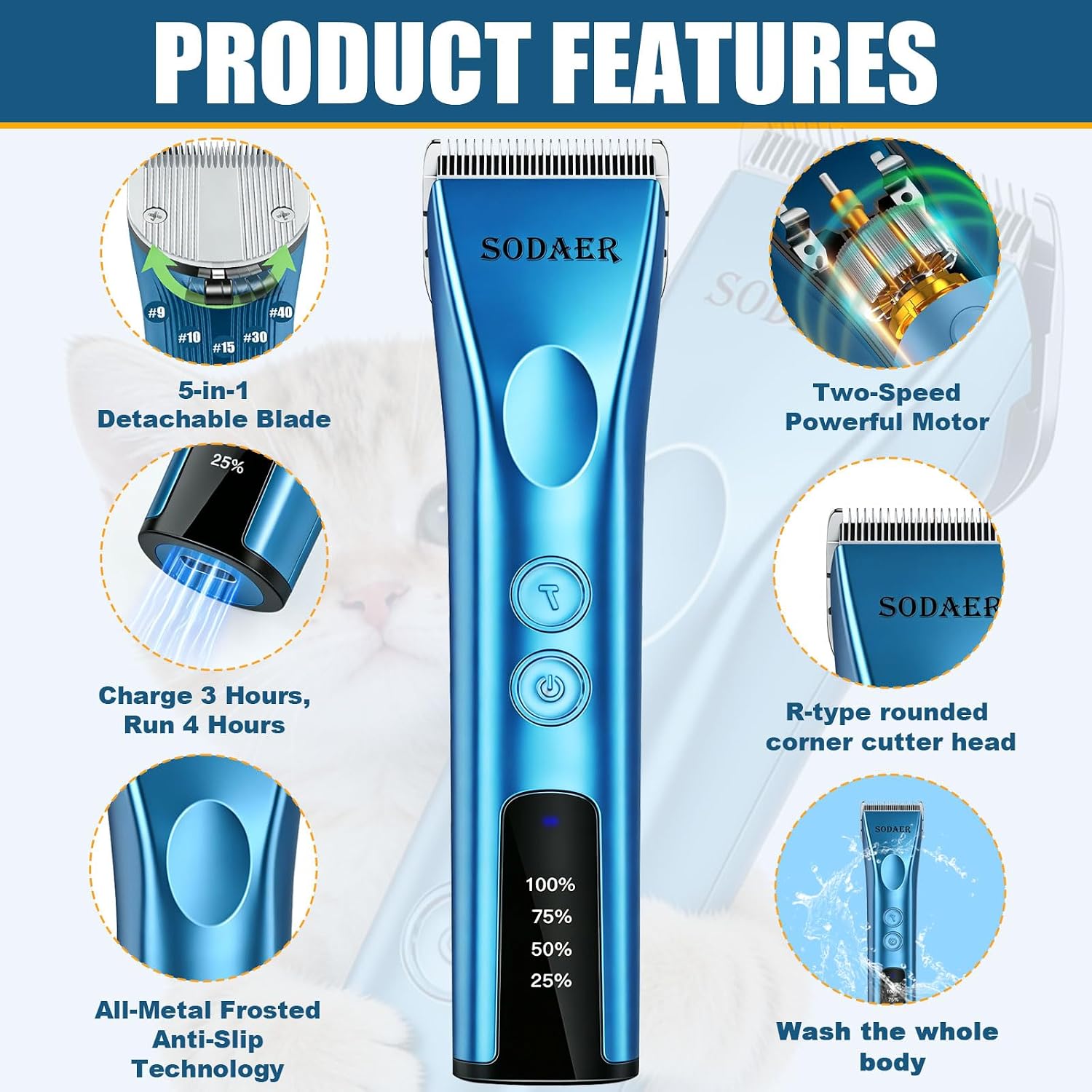 Professional Dog Grooming Clippers, Cordless Pet Hair Clipper | with Guide Combs & Replaceable Blades, Rechargeable Low Noise Dog Hair Trimmer for Horse ,with Storage Tool Box,Blue