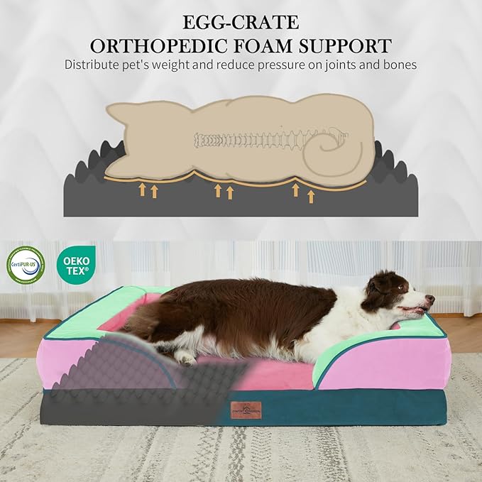 Comfort Expression Orthopedic Dog Bed for Extra Large Dogs 42x30 Inch, Waterproof Egg Crate Foam XL Pet Bed with Removable Bolsters, Dog Couch with Washable Cover & Non-Slip Bottom, Mint-Berry Dream