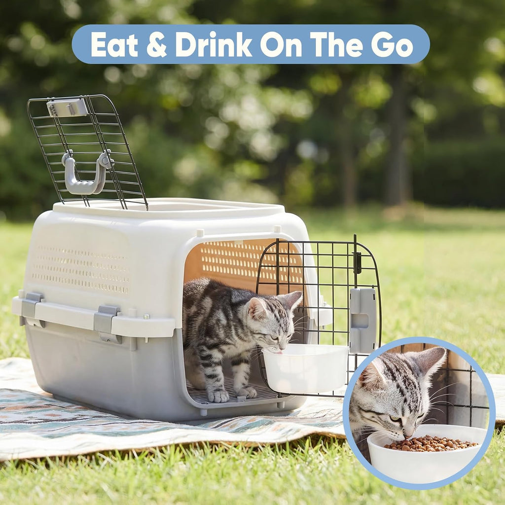 DUMOS 23" Hard-Sided Pet Carrier for Small Pets, 2 Door Cat Carrier, Beige | Airline Approved Dog Crate, Enhanced Security Latches, Front & Top Load Wire Door, Food Bowl for Traveling, Hiking, Camping