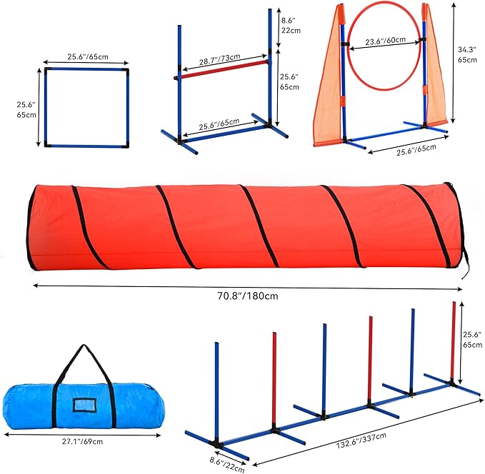 DWVO Dog Agility Accessories Kit: Comprises of a Teaser Pole, 2 Hurdles, 6 Weaving Poles, Agility Tunnel, Pause Box, Full Set of Agility Equipment for Backyard Indoors Outdoors