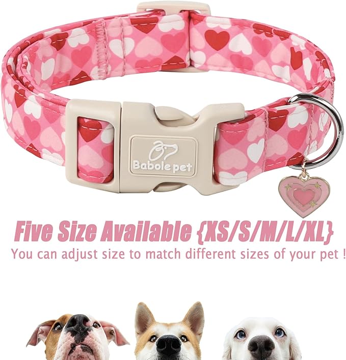 Valentines Dog Collar for Small Dogs - Cute Valentine Pink Hearts Girl Dog Collars, Adjustable Girly Puppy Collar with Quick Release Buckle for Female Dogs S