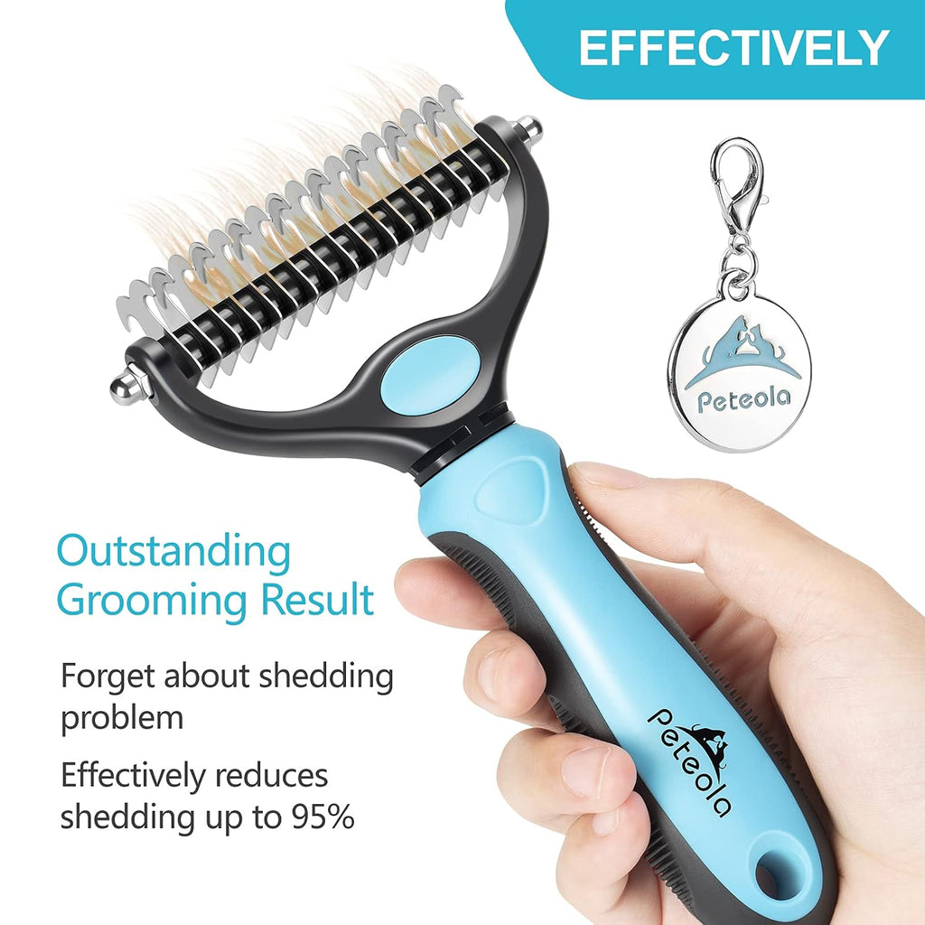 Pet Grooming Brush - 2 Sided Undercoat Rake for Deshedding and Detangling Fur - Safe Shedding Tool for Cats and Dogs (blue)