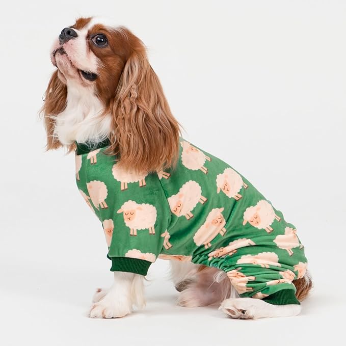 Fitwarm Funny Sheep Dog Pajamas, Warm Winter Dog Clothes for Small Dogs Boy Girl, Cozy Pet Onesie with Feet, Green, White, Medium