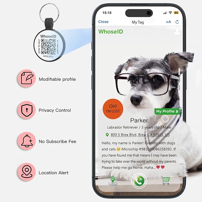 ESA Dog Tag, QR Code Dog Tag, Modifiable Free Pet Online Profile, Scannable QR Code, Scan QR Send Instant Location Alert Email, Silicone Lightweight ID Tag for Dog and Cat (Black, Regular)