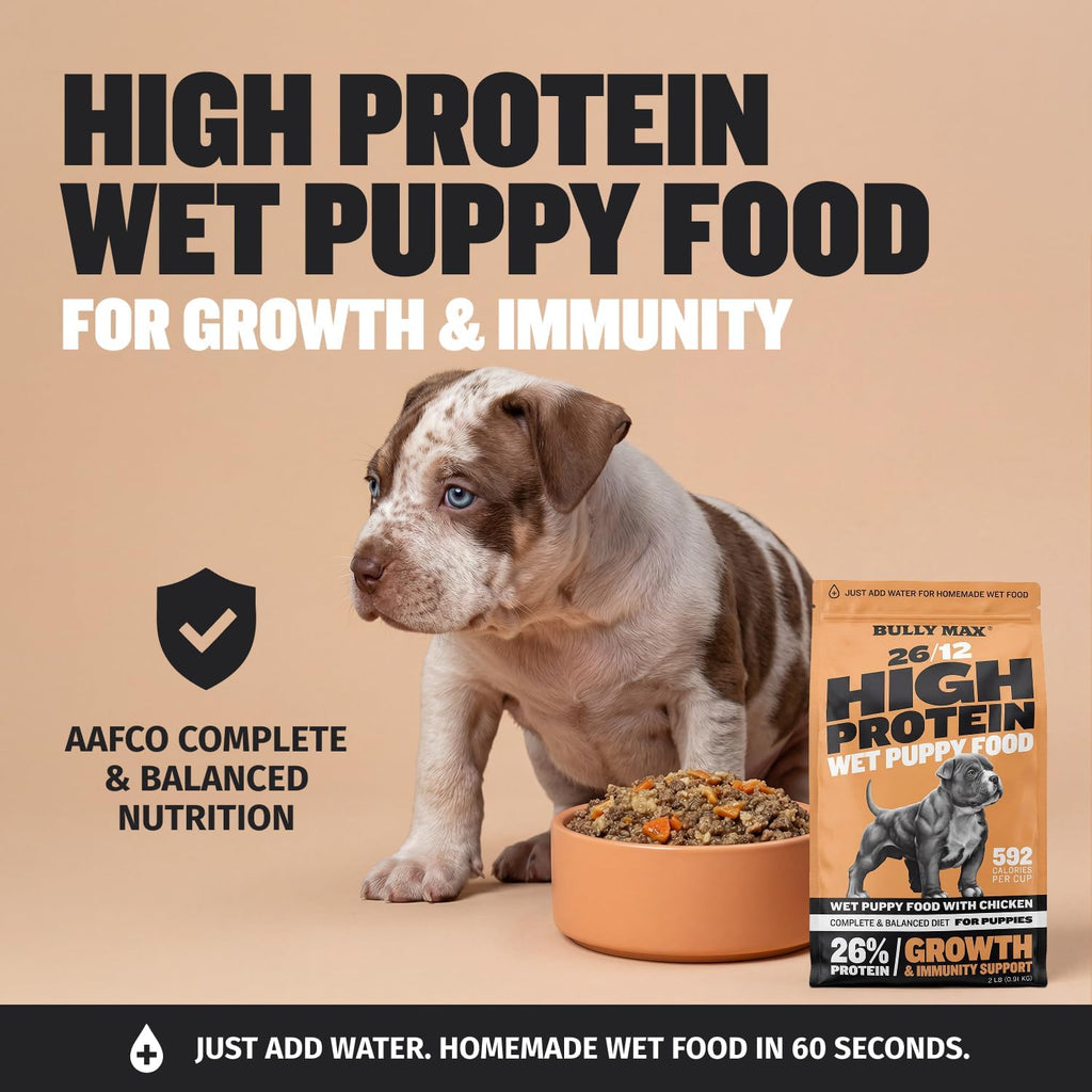 Bully Max Wet Puppy Food - Instant Fresh Dehydrated High Protein Soft Dog Food with Chicken - Healthy Growth for Small & Large Breed Puppies - 2 Dry Dog Food Pounds (Makes 5.5 lbs. of Wet Food)