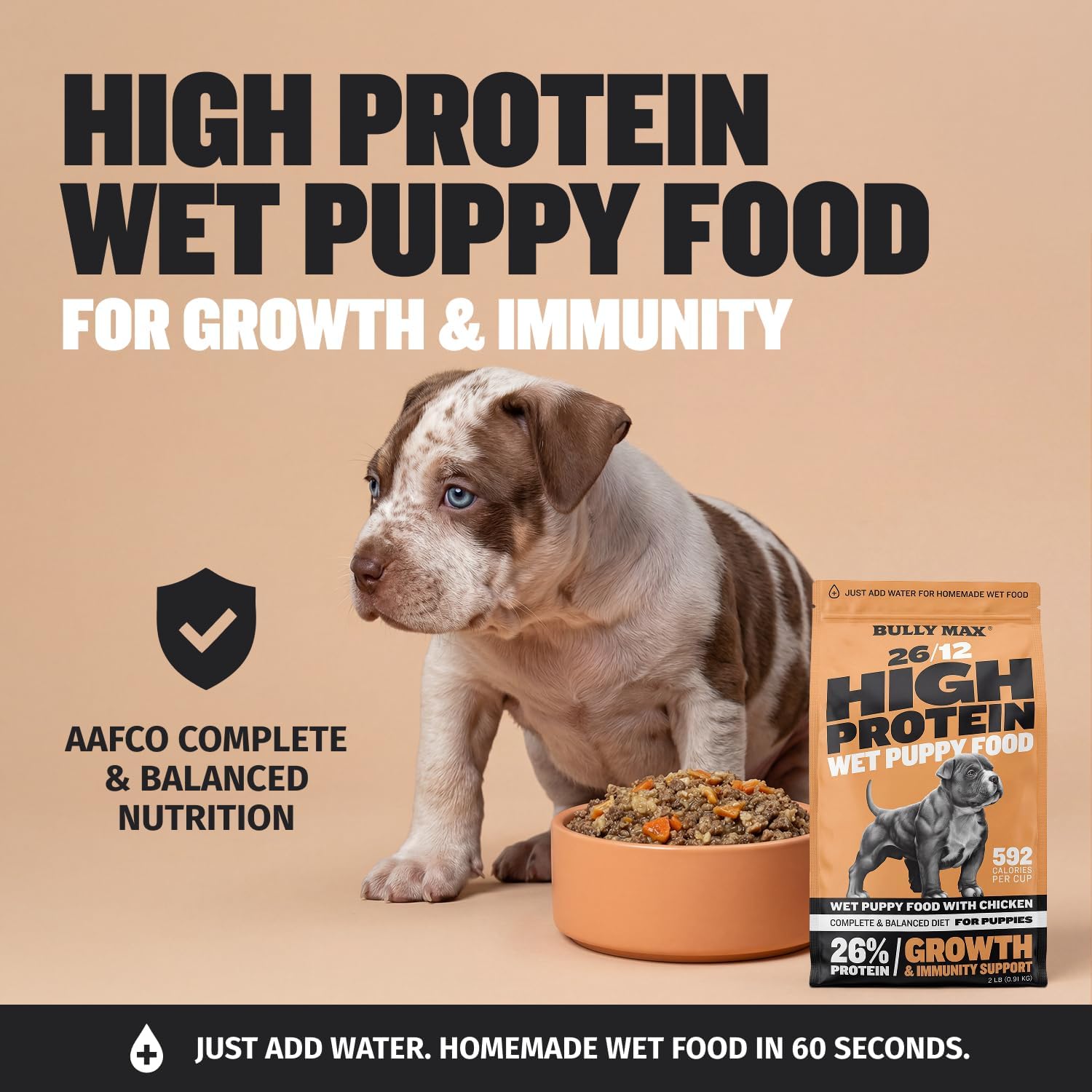 Bully Max Wet Puppy Food - Instant Fresh Dehydrated High Protein Soft Dog Food with Chicken - Healthy Growth for Small & Large Breed Puppies - 2 Dry Dog Food Pounds (Makes 5.5 lbs. of Wet Food)