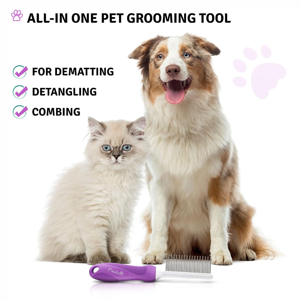 Poodle Pet Bundle - Dematting Fur Rake Comb Brush Tool with Steel Safety Blades and Detangling Pet Comb with Long and Short Stainless Steel Teeth for Detangling Matted or Knotted Undercoat Hair