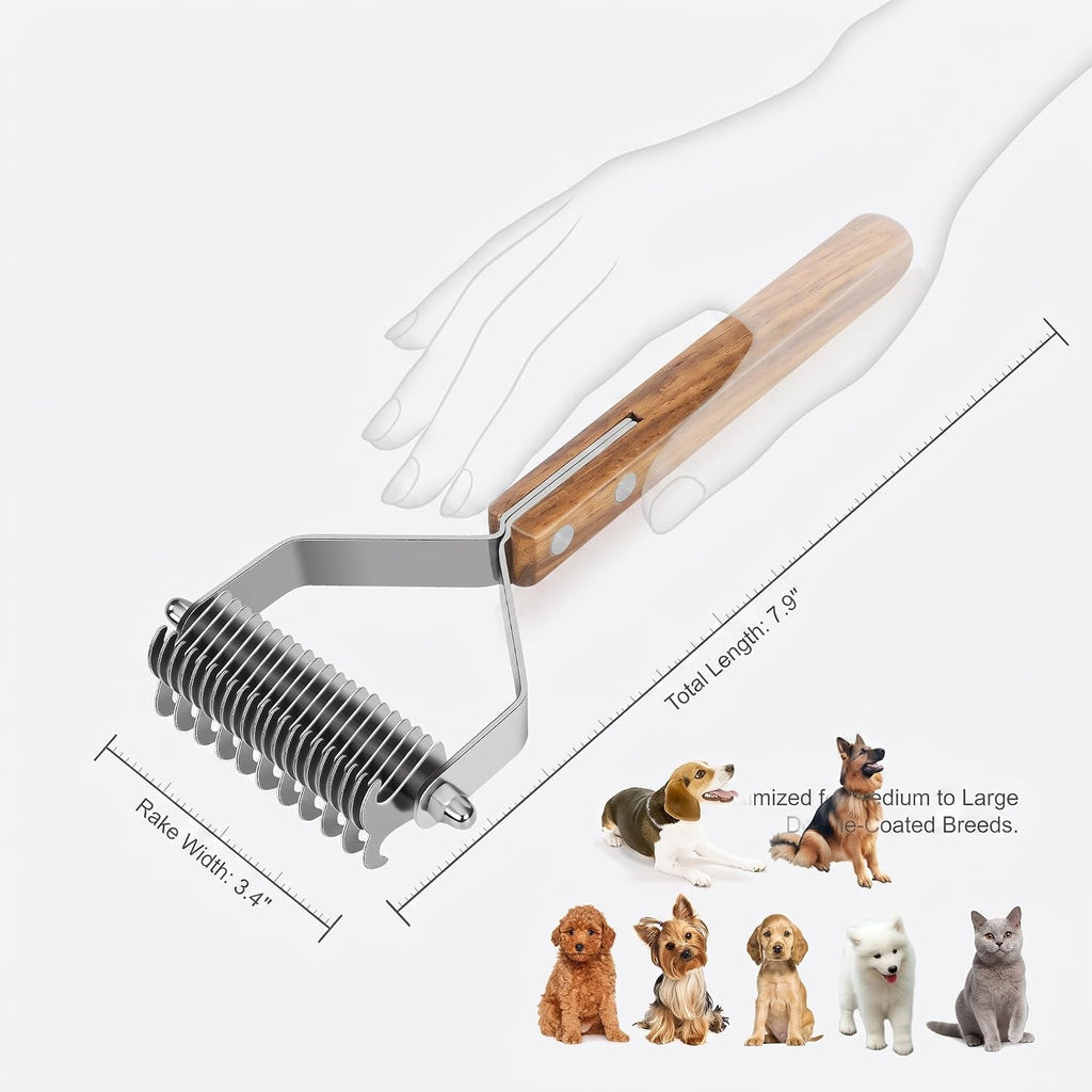 2-Sided Undercoat Rake for Dogs and Cats, Wooden Handle | Dematting Comb for Thick Double Coats, Dual-Head Grooming Tool to Remove Stubborn Mats & Heavy Undercoat Shedding
