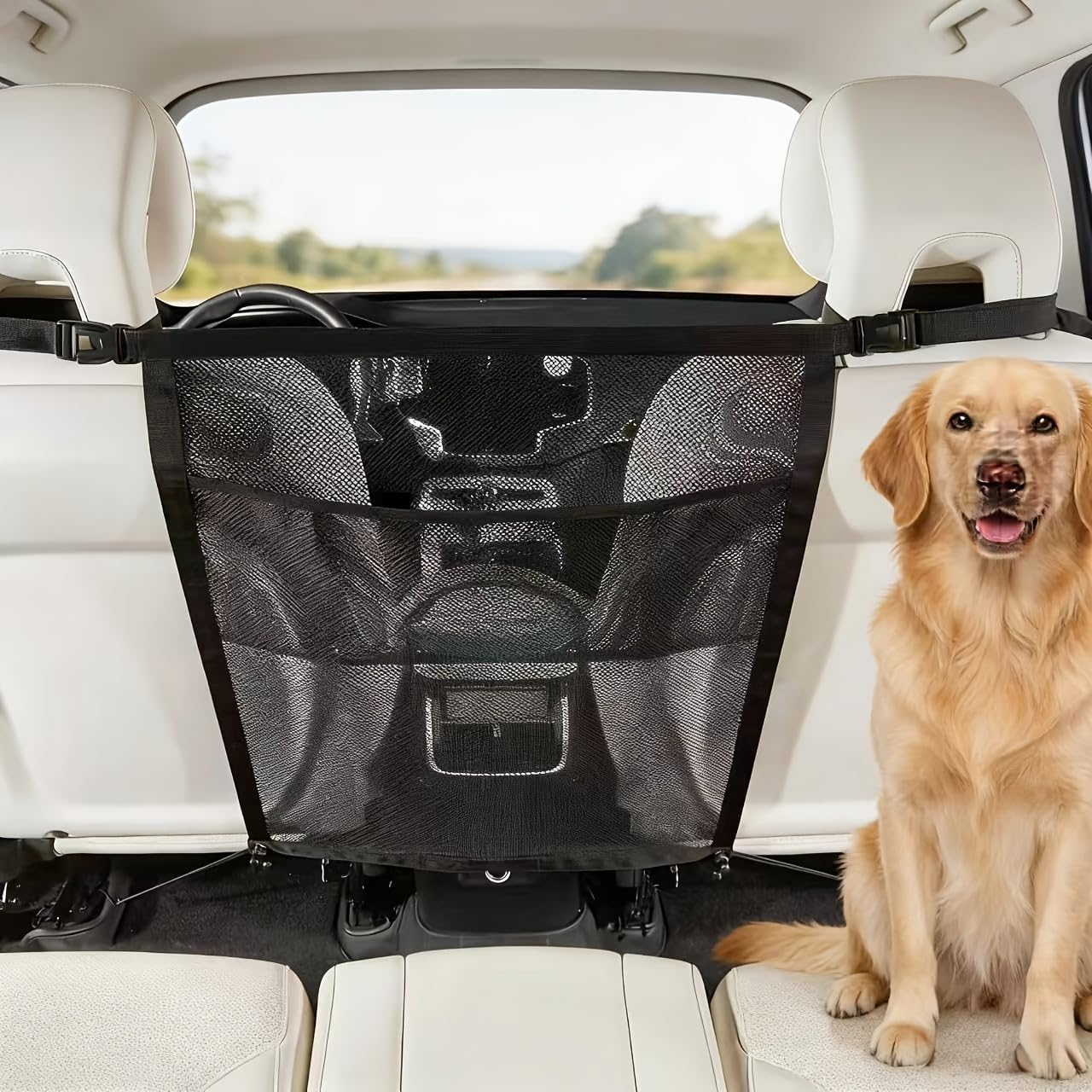 Mesh Dog Car Barrier for Kia Carnival Hybrid 2025 2026 | Heavy Duty Backseat Pet Net with Storage Pocket Adjustable Safety Organizer Divider 1 Pack