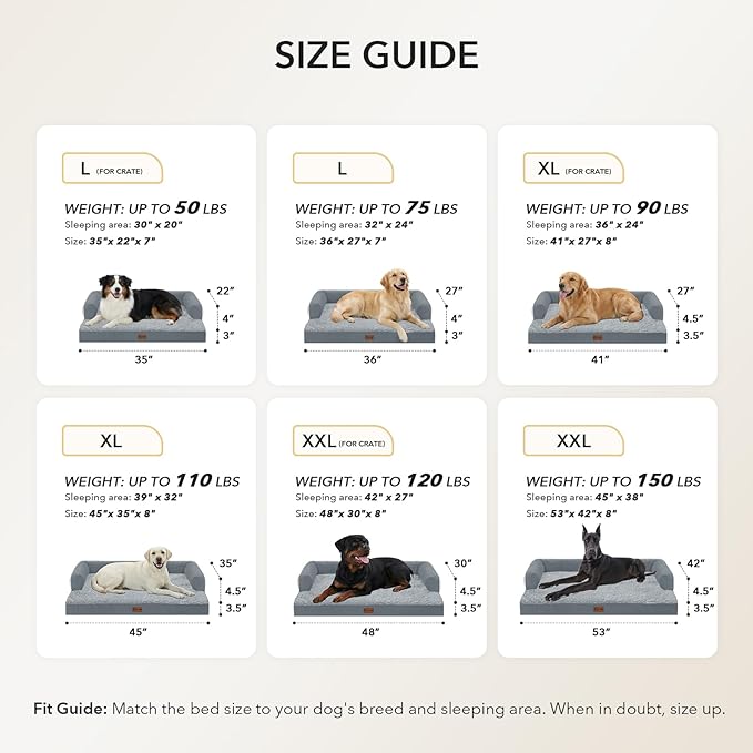 Orthopedic Dog Beds for Large Sized Dogs, Waterproof Egg Crate Foam Large Dog Couch Beds with Comfy Bolster 36x27Inch, Washable Pet Beds with Removable Cover and Nonskid Bottom, Grey