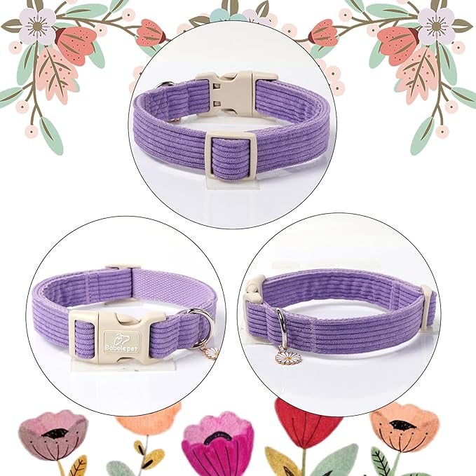 Cute Corduroy Dog Collar - Lavender Adjustable Dog Collars for Small Dogs 10-25lbs, Fade-Proof with Secure Snap & Little Charm, Christmas Birthday Gift, S