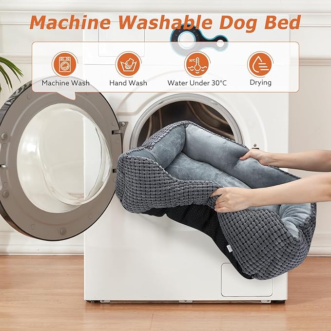 MIXJOY Dog Bed for Large Medium Small Dogs, Rectangle Washable Sleeping Puppy Bed, Orthopedic Pet Sofa Bed, Soft Calming Cat Beds for Indoor Cats, Anti-Slip Bottom with Multiple Size (30-Large, Grey)