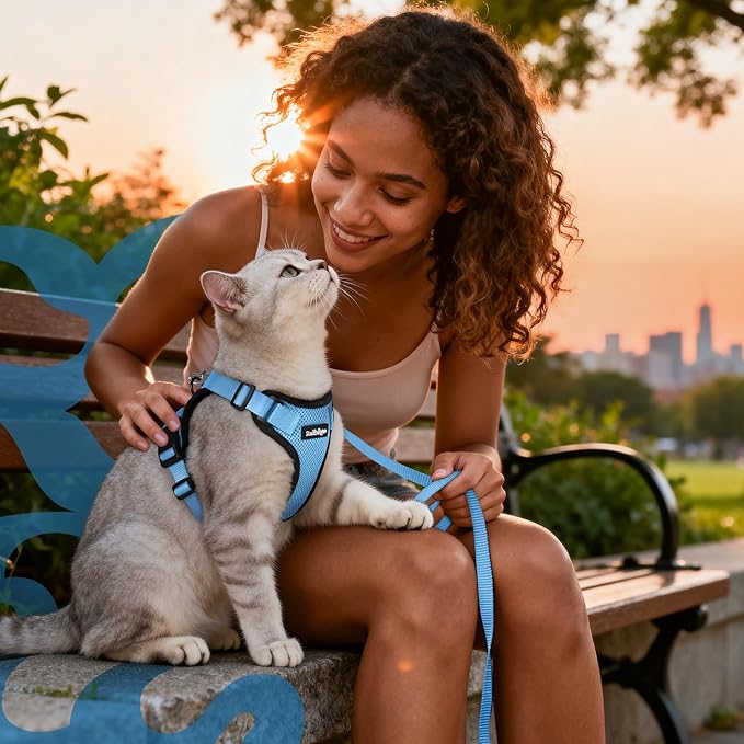 rabbitgoo Cat Harness and Leash for Walking, Escape Proof Soft Adjustable Vest Harnesses for Cats, Easy Control Breathable Reflective Strips Jacket, Light Blue,M