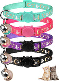 4PCS Cat Collar with Bells,Breakaway Cat Collars,Moons Stars Cute Kitty Adjustable Safe Kitten Collars Pendant Glow in The Dark,Cat Collars for Girl Cats 8.0-13.0 Inch(Black&Purple&Pink&Teal)