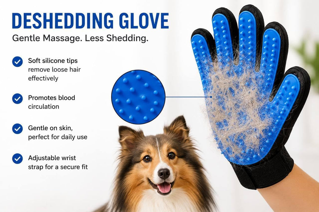 3-in-1 Pet Grooming Kit – Pet Deshedding Glove, 360° Silicone Finger Toothbrush, and Professional Dog Nail Clippers with File – Complete Grooming Set for Cats & Dogs with Short or Long Fur
