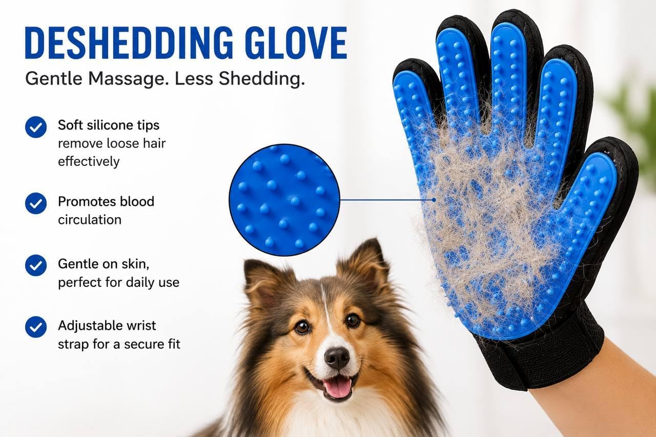 3-in-1 Pet Grooming Kit – Pet Deshedding Glove, 360° Silicone Finger Toothbrush, and Professional Dog Nail Clippers with File – Complete Grooming Set for Cats & Dogs with Short or Long Fur