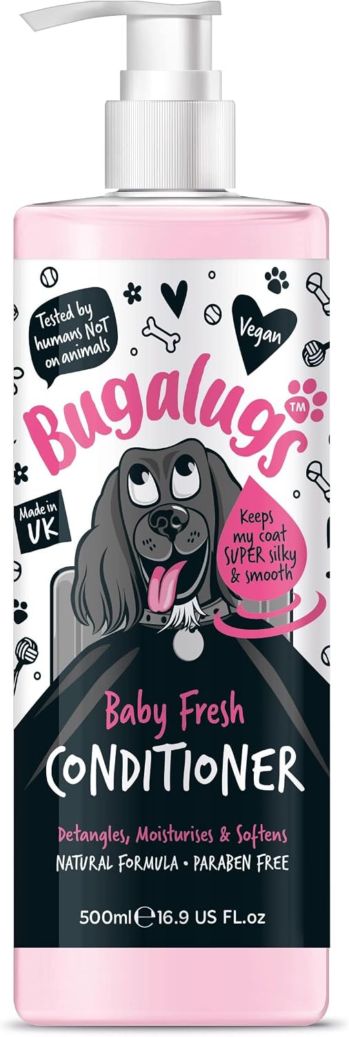 BUGALUGS Dog Conditioner with Baby Fresh Dog Perfume, Best Grooming Conditioner for Dogs, Puppy & Smelly pet That detangles & moisturises use with Dog Shampoo