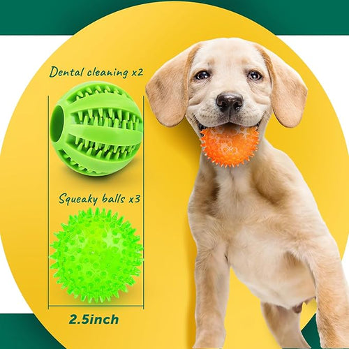 2 Different Functions Interactive Ball for Dogs 2.5” Squeaky Dog Balls Toys and Puppy Teething Chew Toy Balls for Small Dogs for Clean Teeth and Training （5Pcs）