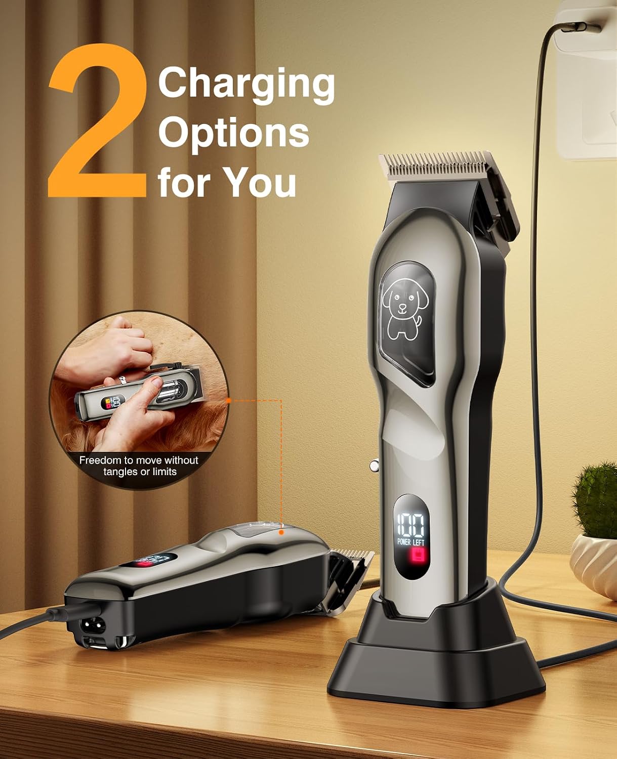 Dog Clippers for Grooming, Dog Grooming Kit for Heavy Thick Hair, Low Noise Cordless Pet Hair Trimmer with Stainless Steel Blade, Professional Rechargeable Hair Trimmer for Dogs and Cats Sliver